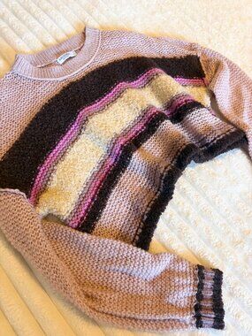 Arizona Jean Co Pink/Brown Striped Textured Sweater — M